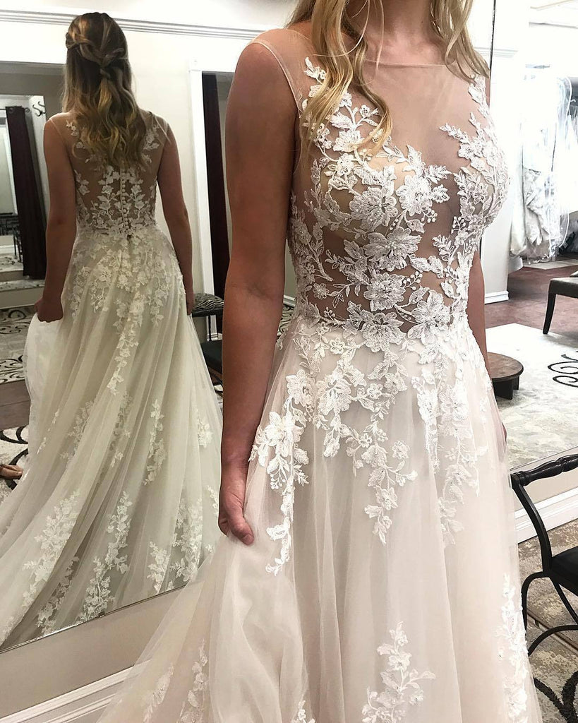 Lace See Through Cheap Wedding Dresses, Bateau A-line Bridal Dresses, WD433