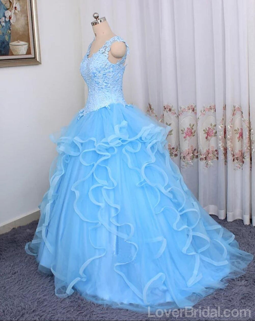 Lace Straps Blue Ball Gown Long Evening Prom Dresses, Cheap Custom Sweet 16 Dresses, 18543