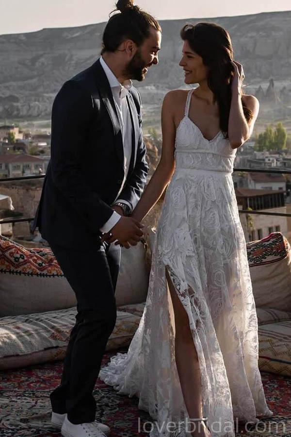 Lace Straps Side Slit Lace Cheap Wedding Dresses Online, Cheap Bridal Dresses, WD522
