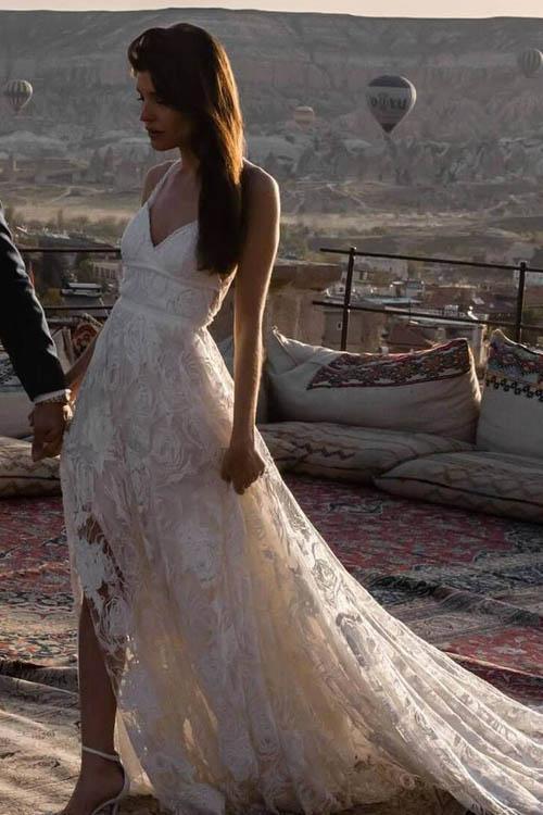 Lace Straps Side Slit Lace Cheap Wedding Dresses Online, Cheap Bridal Dresses, WD522
