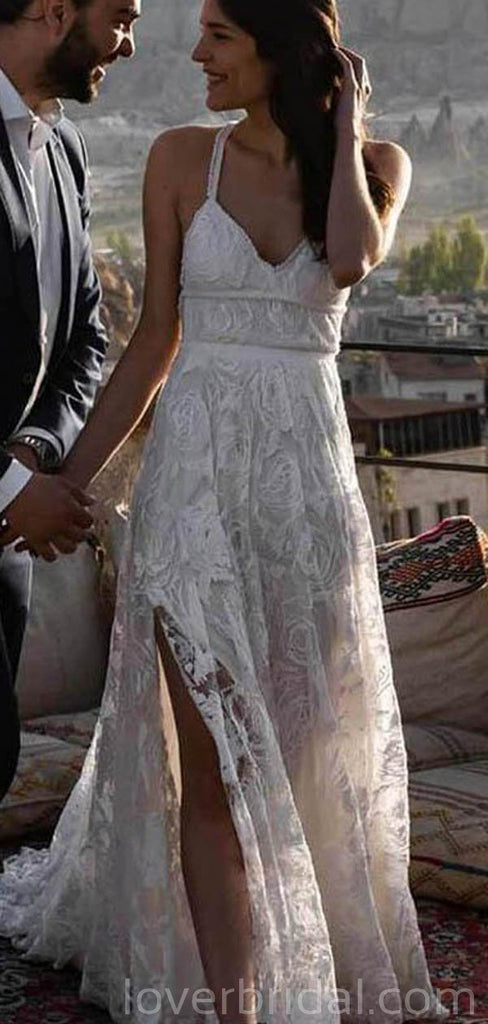 Lace Straps Side Slit Lace Cheap Wedding Dresses Online, Cheap Bridal Dresses, WD522