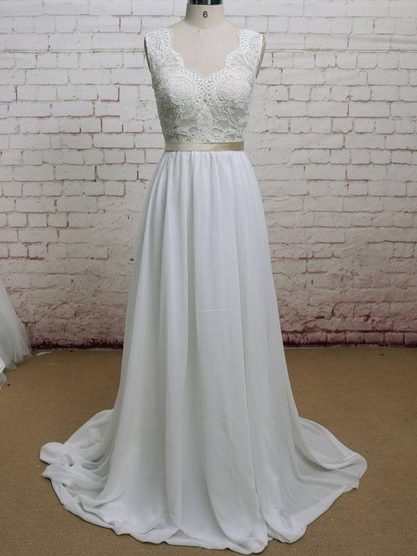 Lace Straps V Neck Cheap Beach Wedding Dresses Online, WD379