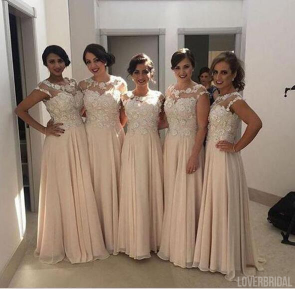 Lace Top Blush Pink Modest Long Wedding Bridesmaid Dresses, WG352