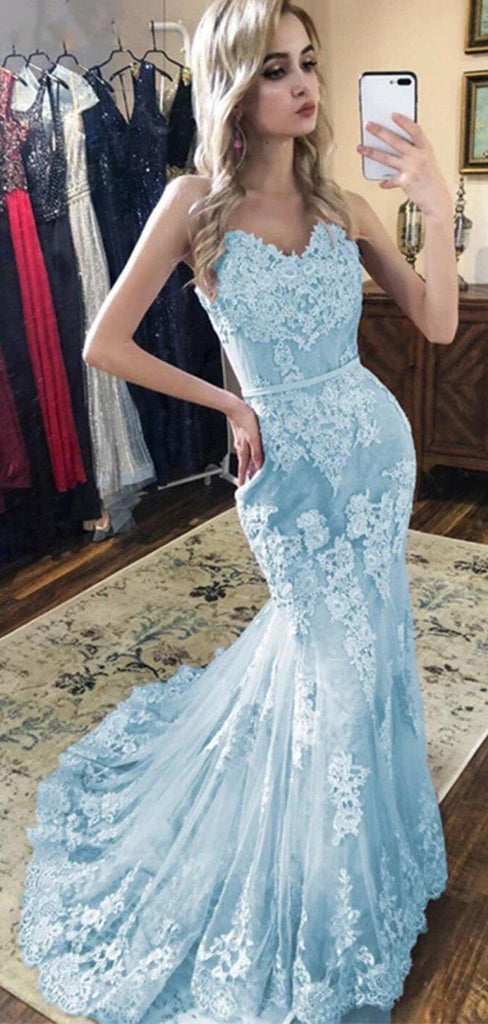 Light Blue Lace Beaded Mermaid Long Evening Prom Dresses, Evening Party Prom Dresses, 12308