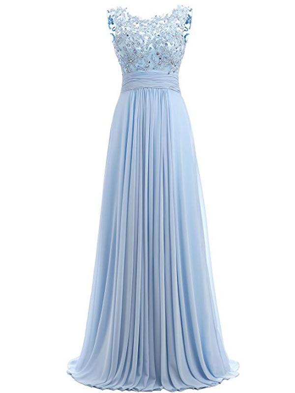 Light Blue Lace See Through Chiffon Long Evening Prom Dresses, 17529