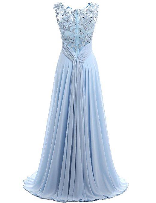 Light Blue Lace See Through Chiffon Long Evening Prom Dresses, 17529