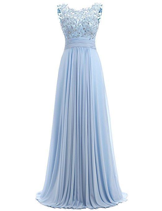 Light Blue Lace See Through Chiffon Long Evening Prom Dresses, 17529