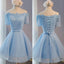 Light Blue off shoulder with short sleeve lace lovely homecoming prom dresses, BD00198