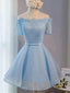 Light Blue off shoulder with short sleeve lace lovely homecoming prom dresses, BD00198