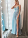 Light Blue Spaghetti Straps Side Slit Long Evening Prom Dresses, Cheap Custom Sweet 16 Dresses, 18550