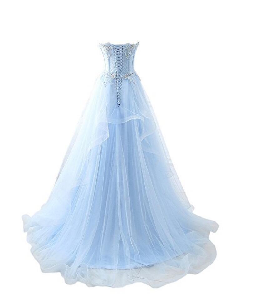 Light Blue Sweetheart See Through Lace Tulle A line Long Evening Prom Dresses, 17524