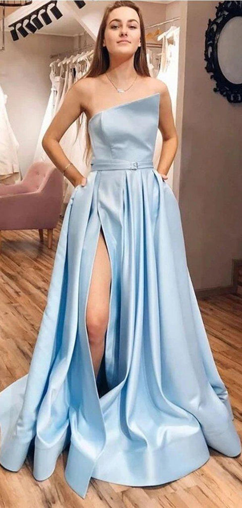 Light Blue Unique Cheap Long Evening Prom Dresses, Evening Party Prom Dresses, 12340