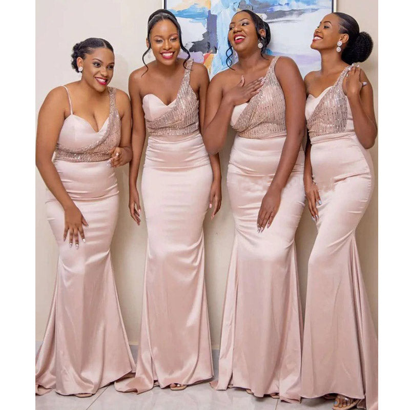 Light Pink Mermaid One Shoulder Cheap Long Bridesmaid Dresses,WG1257