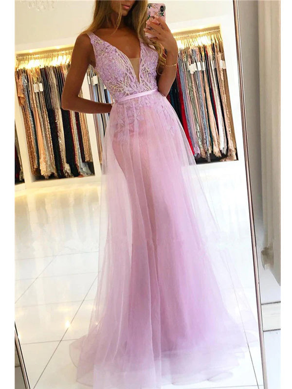 Light Purple Mermaid V-neck Long Prom Dresses,Evening Dresses,12900