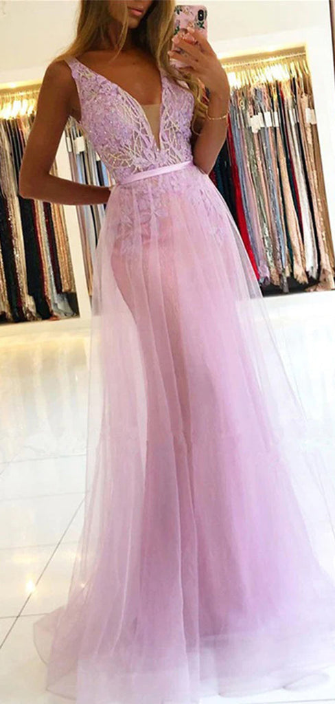 Light Purple Mermaid V-neck Long Prom Dresses,Evening Dresses,12900