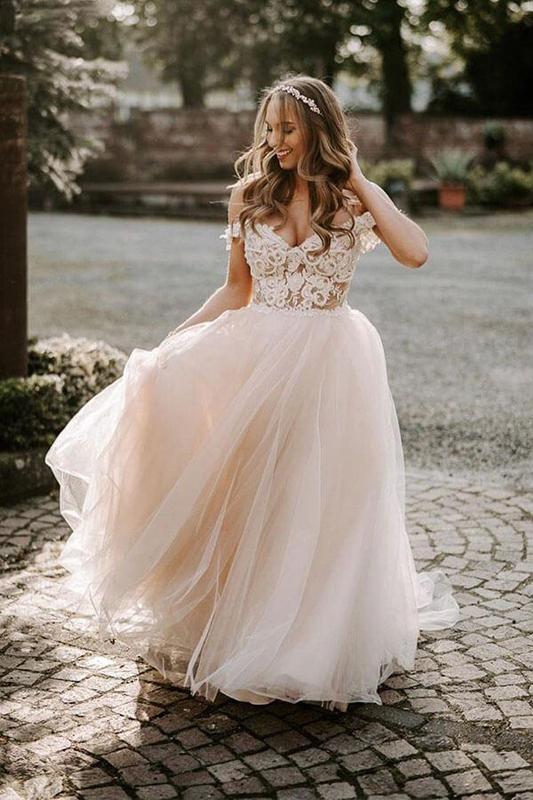 Long A-line Off Shoulder V-neck Sleeveless Lace Wedding Dresses,WD753