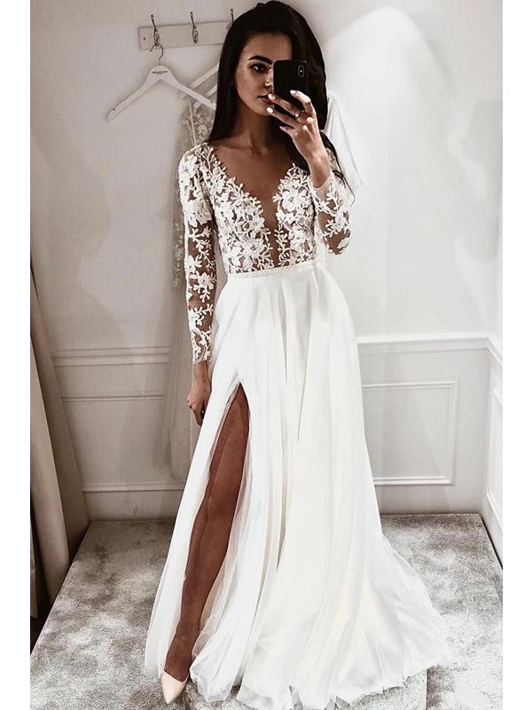 Long A-line Side Slit Long Sleeves Handmade Lace Wedding Dresses Online,WD742