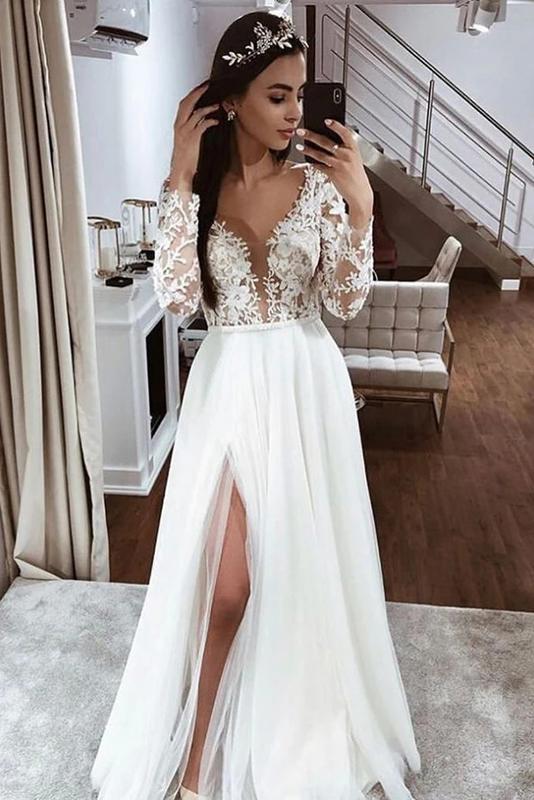 Long A-line Side Slit Long Sleeves Handmade Lace Wedding Dresses Online,WD742