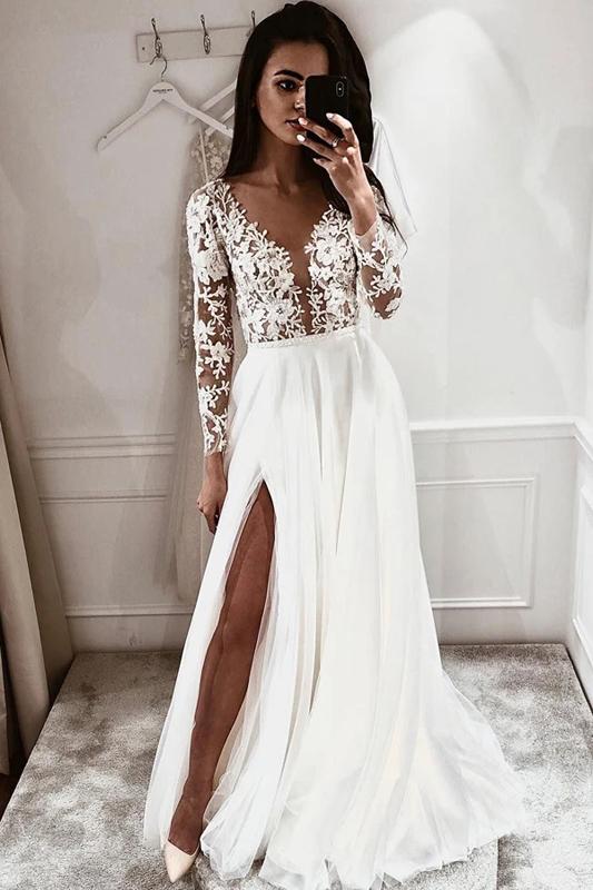 Long A-line Side Slit Long Sleeves Handmade Lace Wedding Dresses Online,WD742
