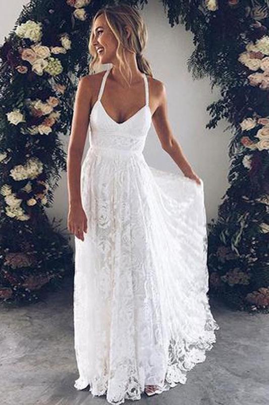 Long A-line Straps v-neck Side Slit Lace Wedding Dresses Online,WD741