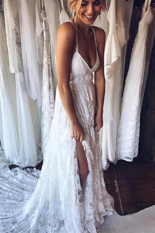 Long A-line Straps v-neck Side Slit Lace Wedding Dresses Online,WD741