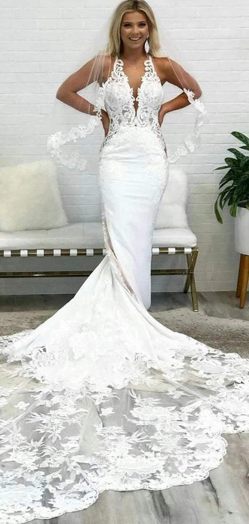 Long Mermaid Halter Sleeveless V-neck Lace Wedding Dresses,WD755