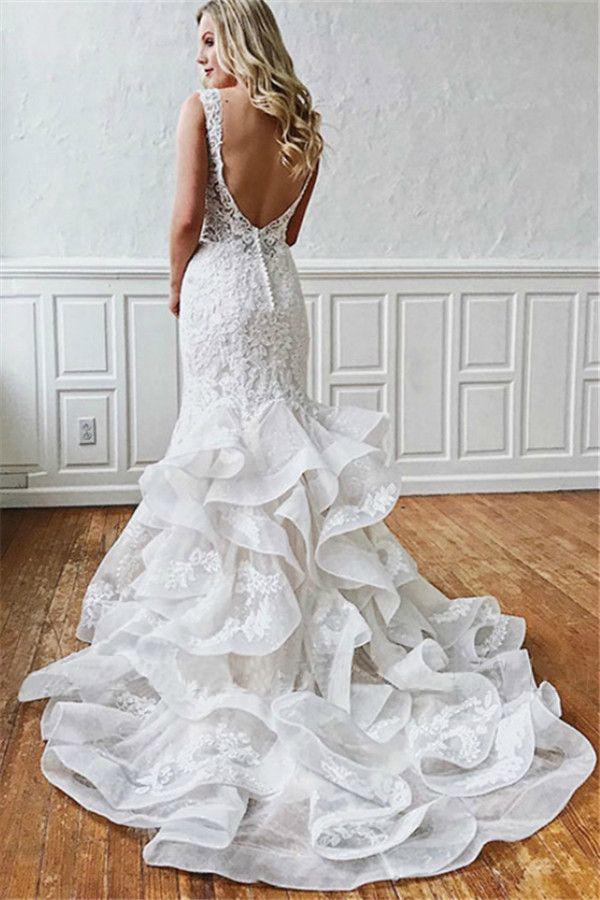 Long Sexy Mermaid V-neck Straps Backless Lace Wedding Dresses,WD764