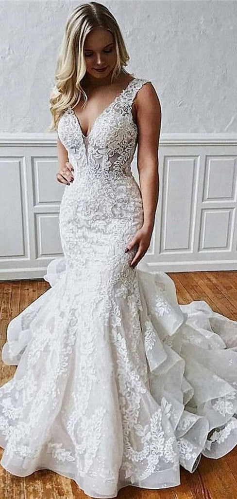 Long Sexy Mermaid V-neck Straps Backless Lace Wedding Dresses,WD764