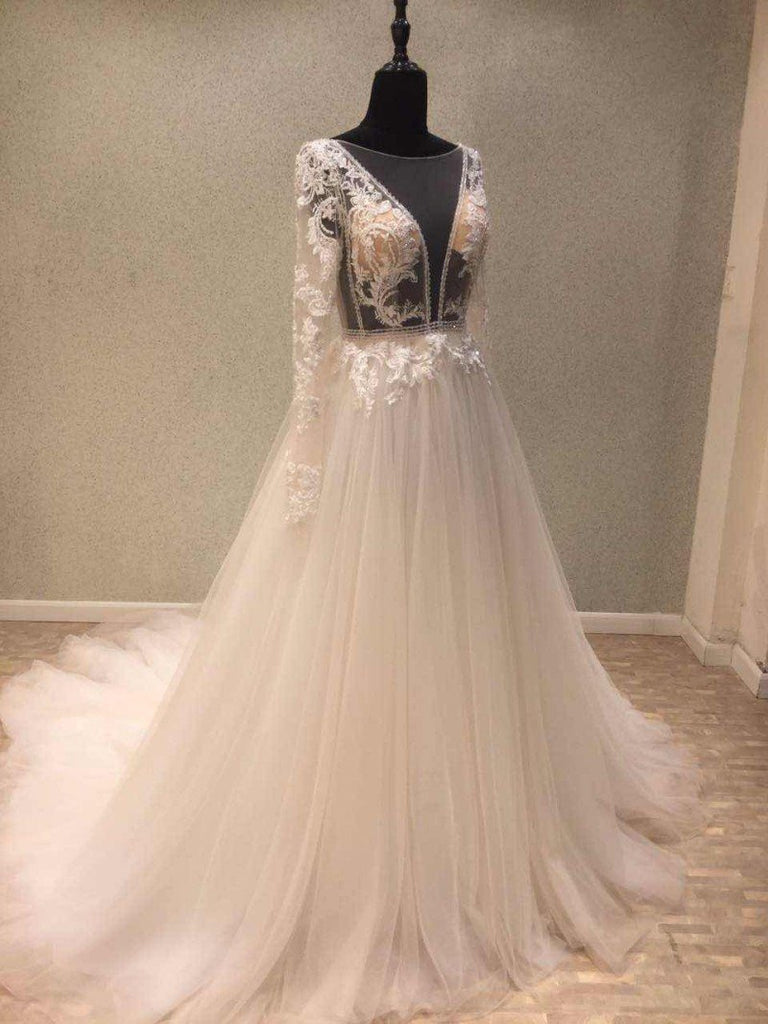 Long Sleeve Backless V Neckline See Through Lace Wedding Bridal Dresses, Custom Made Wedding Dresses, Affordable Wedding Bridal Gowns, WD244