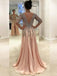 Long Sleeve Deep V Neck Heavily Beaded Side Slit Long Evening Prom Dresses, 17628