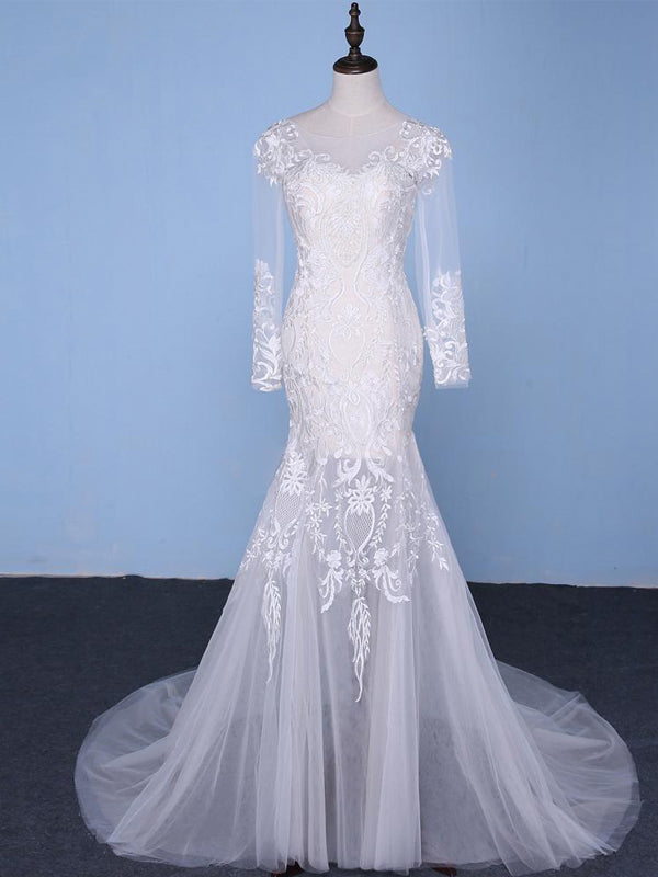 Long Sleeve Detachable Skirt Lace Mermaid Wedding Bridal Dresses, Cheap Custom Made Wedding Bridal Dresses, WD275