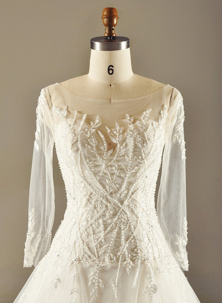Long Sleeve Empire Waist Lace Beaded Wedding Dresses, Custom Made Wedding Dresses, Cheap Wedding Bridal Gowns, WD226