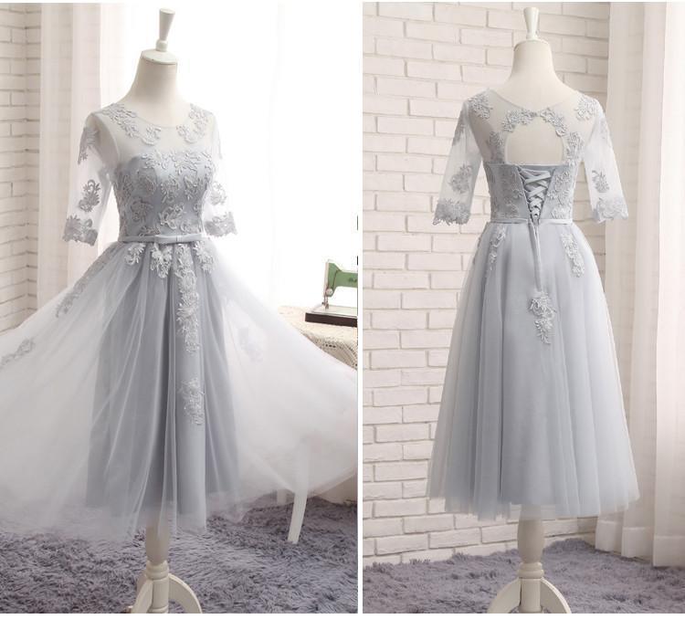 Long Sleeve Gray Lace A line Long Bridesmaid Dresses, Cheap Custom Long Bridesmaid Dresses, Affordable Bridesmaid Gowns, BD020