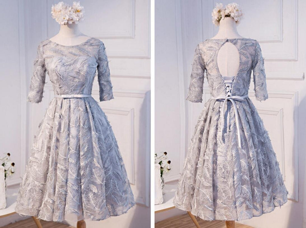 Long Sleeve Gray Lace Scoop Neckline Homecoming Prom Dresses, Affordable Short Party Prom Dresses, Perfect Homecoming Dresses, CM273