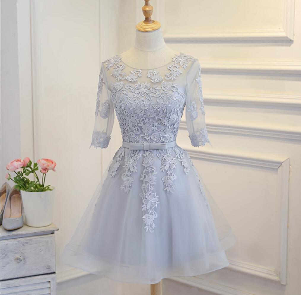 Long Sleeve Grey Lace Cheap Short Homecoming Dresses Online, CM670