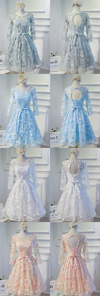 Long Sleeve Grey Lace Modest Homecoming Prom Dresses, Affordable Short Party Prom Dresses, Perfect Homecoming Dresses, CM296