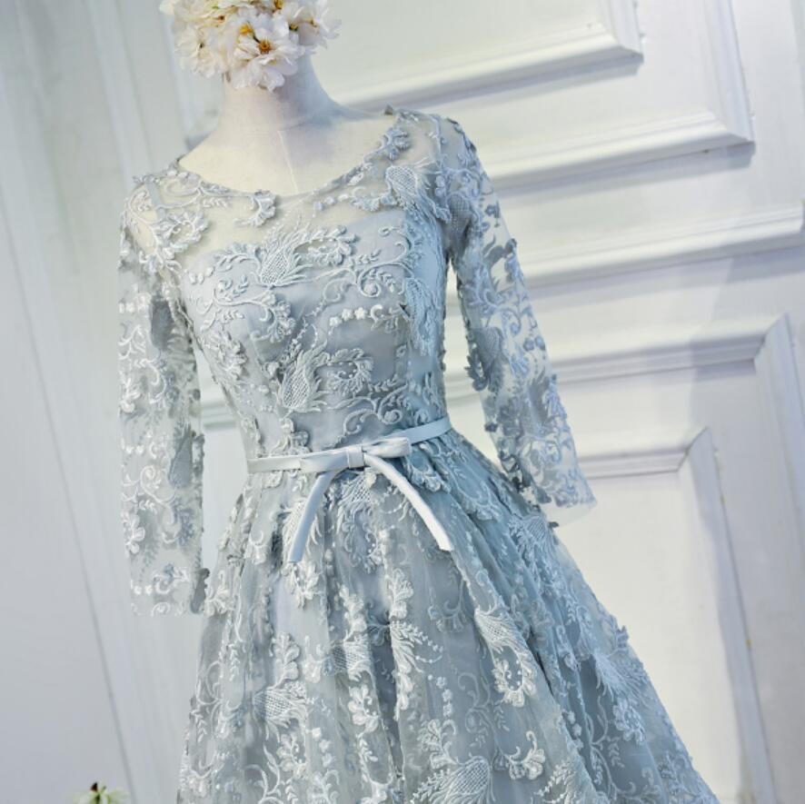 Long Sleeve Grey Lace Modest Homecoming Prom Dresses, Affordable Short Party Prom Dresses, Perfect Homecoming Dresses, CM296