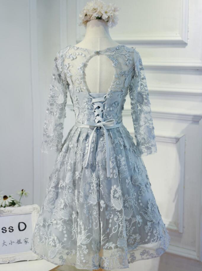 Long Sleeve Grey Lace Modest Homecoming Prom Dresses, Affordable Short Party Prom Dresses, Perfect Homecoming Dresses, CM296