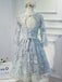 Long Sleeve Grey Lace Modest Homecoming Prom Dresses, Affordable Short Party Prom Dresses, Perfect Homecoming Dresses, CM296