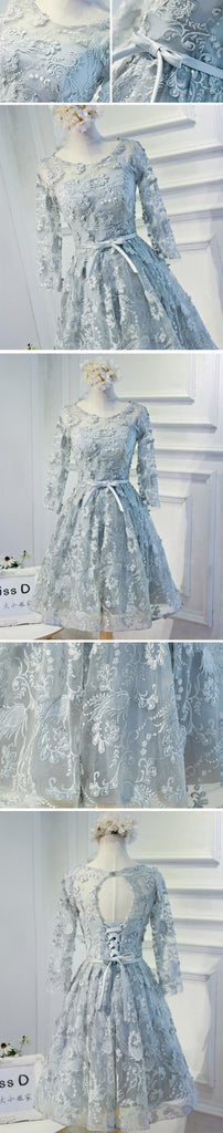 Long Sleeve Grey Lace Modest Homecoming Prom Dresses, Affordable Short Party Prom Dresses, Perfect Homecoming Dresses, CM296