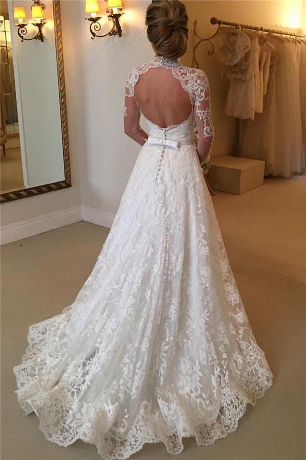 Long Sleeve High Neckline Lace A line Wedding Dresses,  Sexy Open Back Custom Wedding Gowns, Affordable Bridal Dresses, 17106