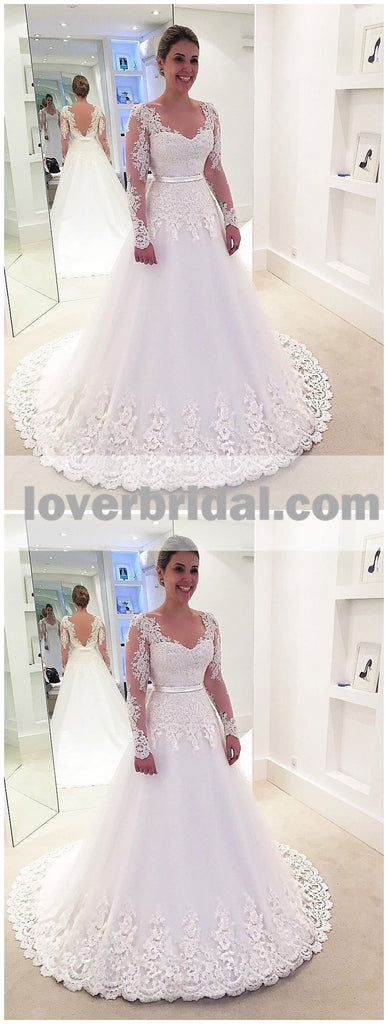 Long Sleeve Lace Backless A-line Cheap Wedding Dresses Online, WD338