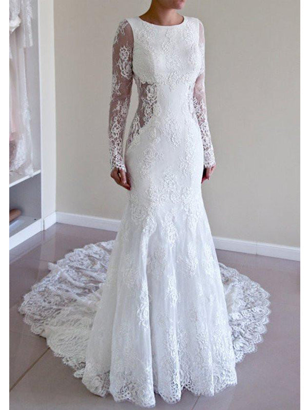 Long Sleeve Lace Backless Mermaid Wedding Dresses,  2017 Long Custom Wedding Gowns, Affordable Bridal Dresses, 17116