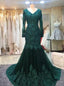 Long Sleeve Lace Mermaid Emerald Green Long Evening Prom Dresses, 17630