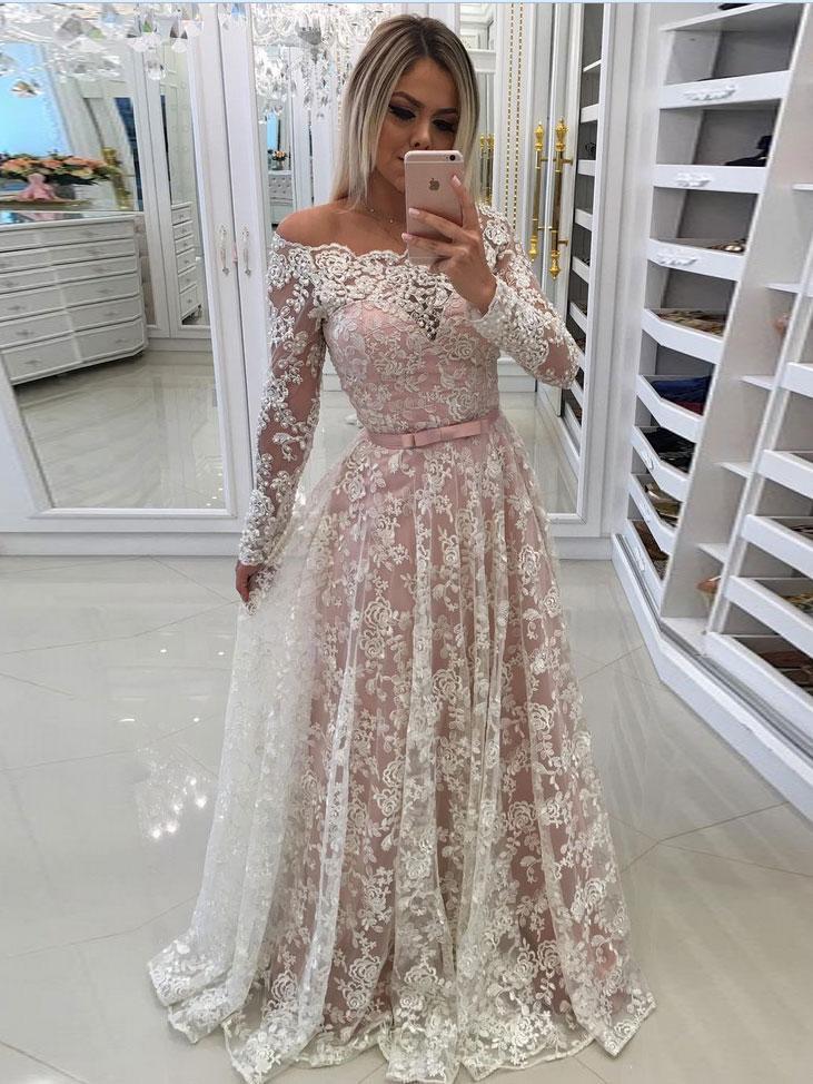 Long Sleeve Lace Off Shoulder A Line Long Custom Evening Prom Dresses, 17435