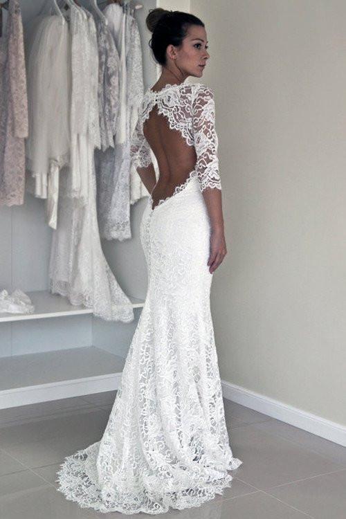 Long Sleeve Lace Open Back Mermaid Wedding Dresses,  2017 Long Custom Wedding Gowns, Affordable Bridal Dresses, 17117