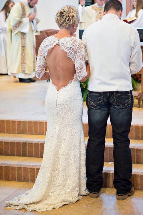 Long Sleeve Lace Open Back Mermaid Wedding Dresses,  2017 Long Custom Wedding Gowns, Affordable Bridal Dresses, 17117