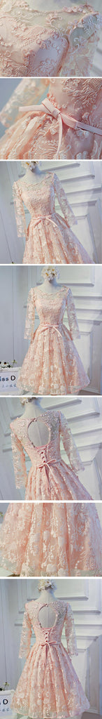 Long Sleeve Light Peach Open back Lace Cute Homecoming Prom Dresses, Affordable Short Party Prom Dresses, Perfect Homecoming Dresses, CM317