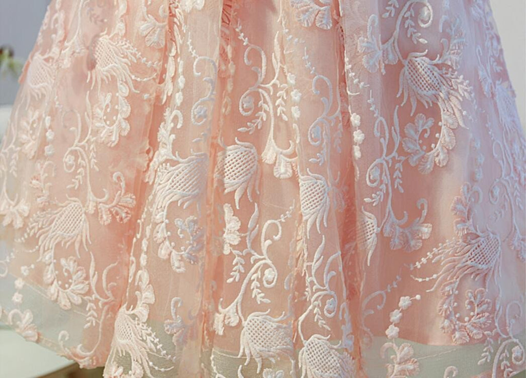 Long Sleeve Light Peach Open back Lace Cute Homecoming Prom Dresses, Affordable Short Party Prom Dresses, Perfect Homecoming Dresses, CM317