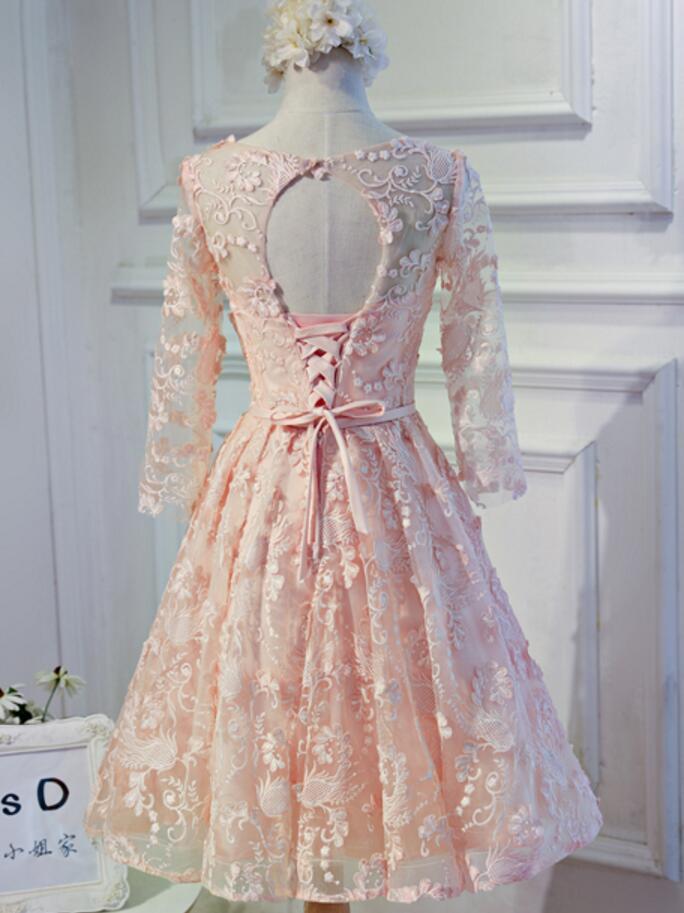Long Sleeve Light Peach Open back Lace Cute Homecoming Prom Dresses, Affordable Short Party Prom Dresses, Perfect Homecoming Dresses, CM317